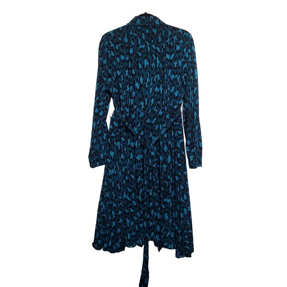 Diane Von Furstenberg Animal Print Dress XL Blue Cheetah Button Up Viscose Tie - Picture 3 of 15
